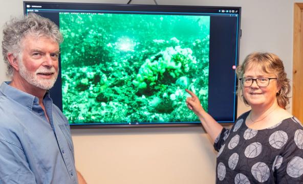 Mann og dame står foran en skjerm med bilde fra undervannskamera i Saltenfjorden. Dame peker på skjermen